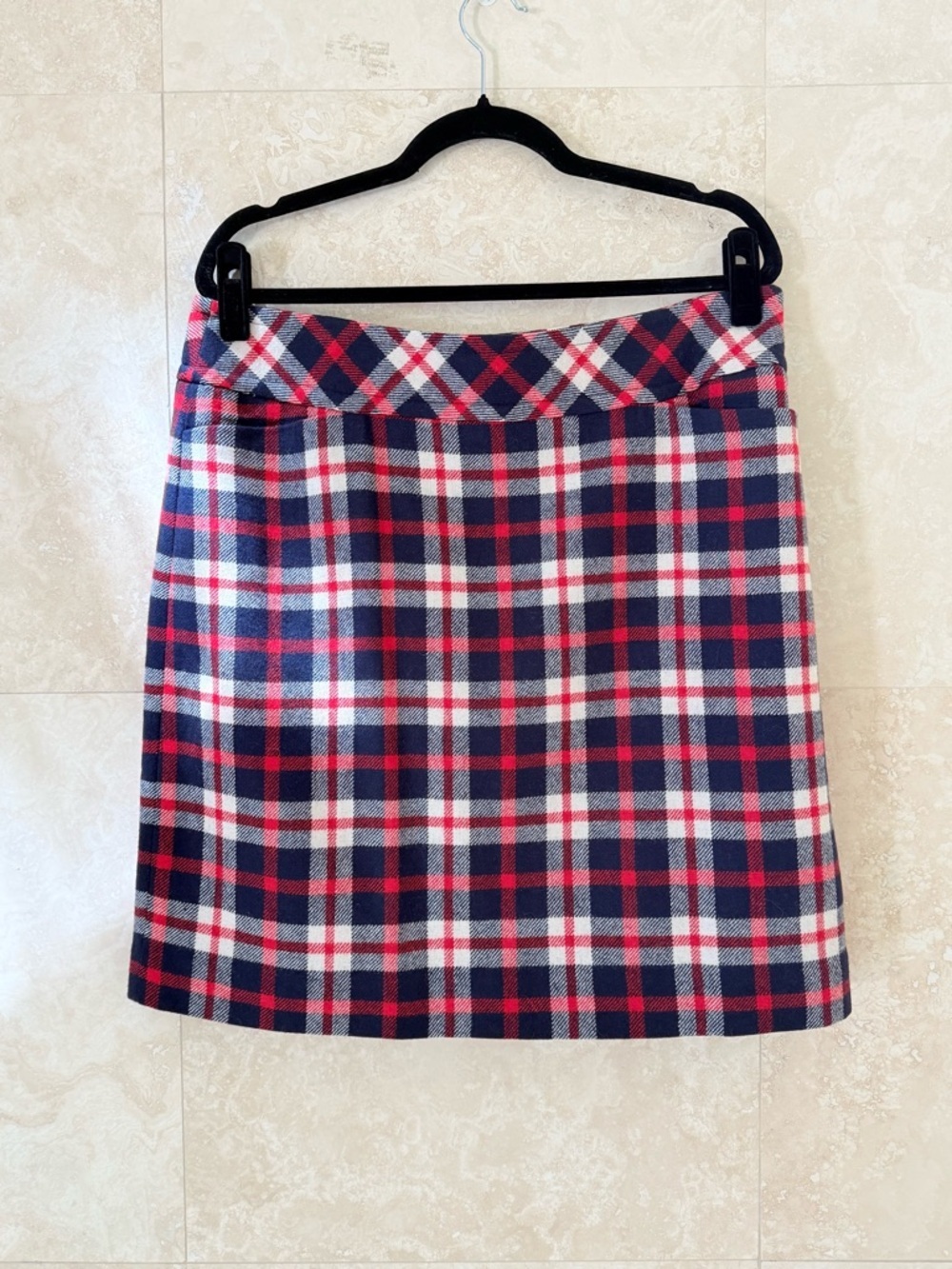 Talbots Navy Red White Blue Plaid A-Line Mini Skirt Wool Blend Size 14 EUC 💙